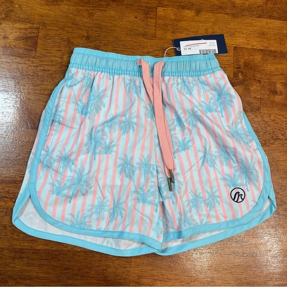 NWT Properly Tied Shordees Retro blue pink striped palm tree size 6 5 in inseam - Picture 1 of 4